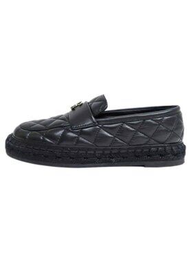 Chanel Loafers Size 37 C Lambskin Espadrilles Coco Mark Black